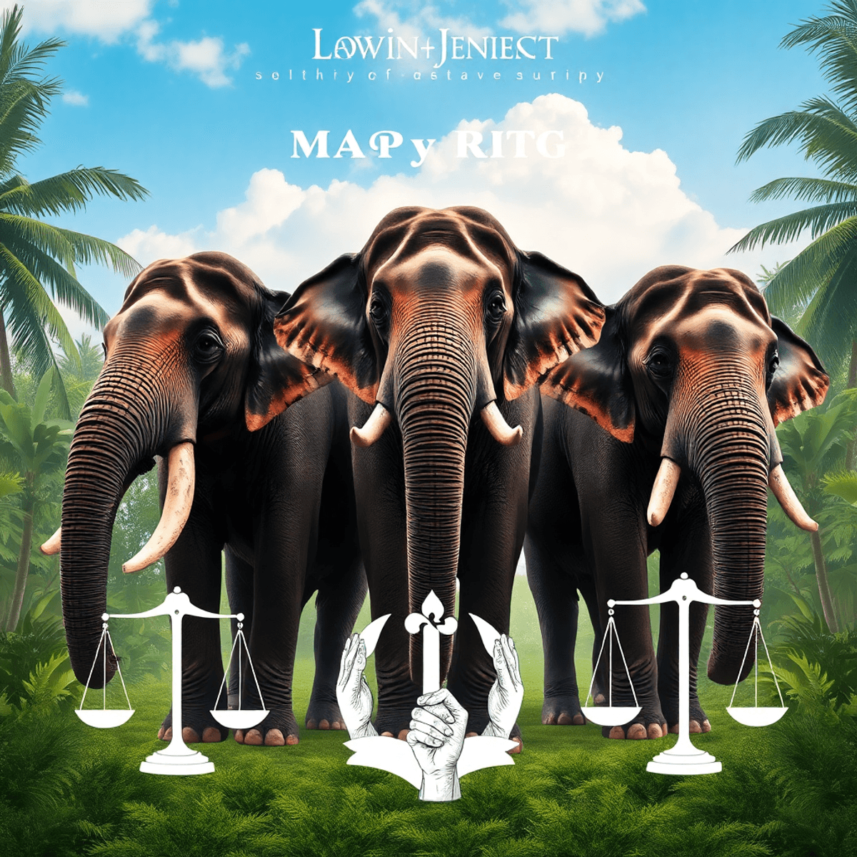 European Ghost in Bangkok Three large elephants stand side by side in a lush jungle with abstract legal scales and intertwined hands under a serene sky, symbolizing strength and justice.