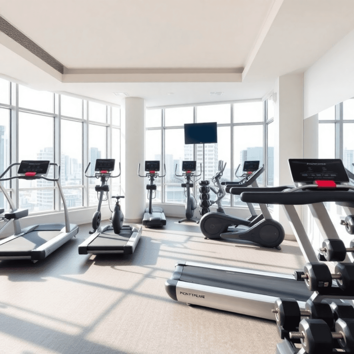 Abstract bright modern gym with treadmills, weights, natural light, and a clean, welcoming atmosphere emphasizing health and community.