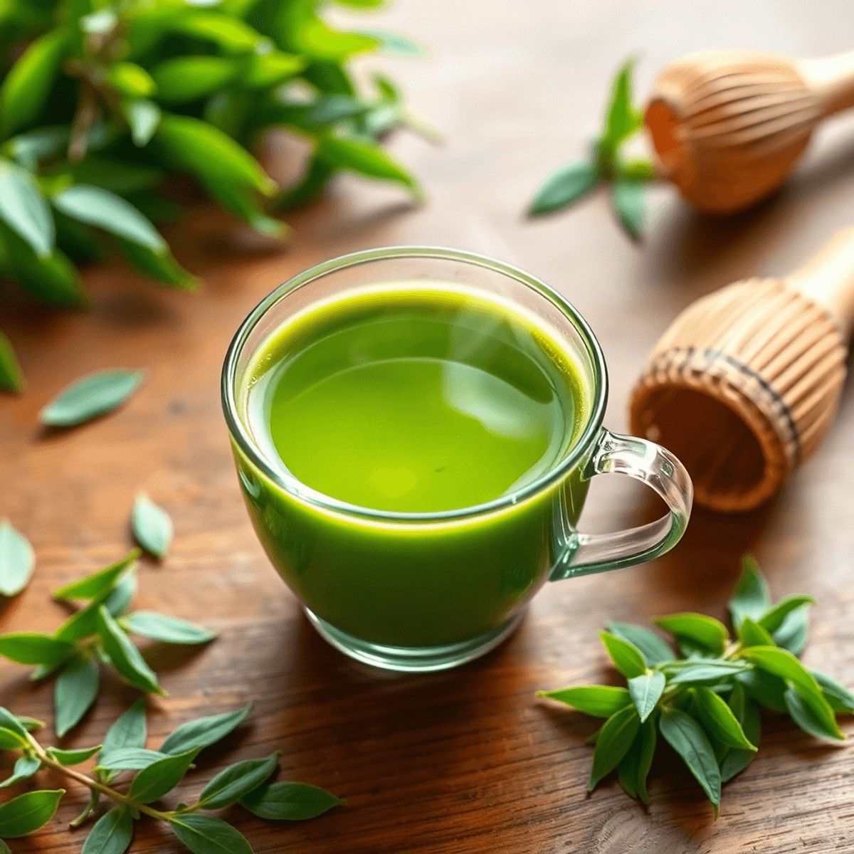 Best Water Temperature for Matcha: Full Guide Watercolor of a steaming cup of bright green matcha tea with fresh tea leaves and bamboo whisk on wood, highlighted by soft natural light.