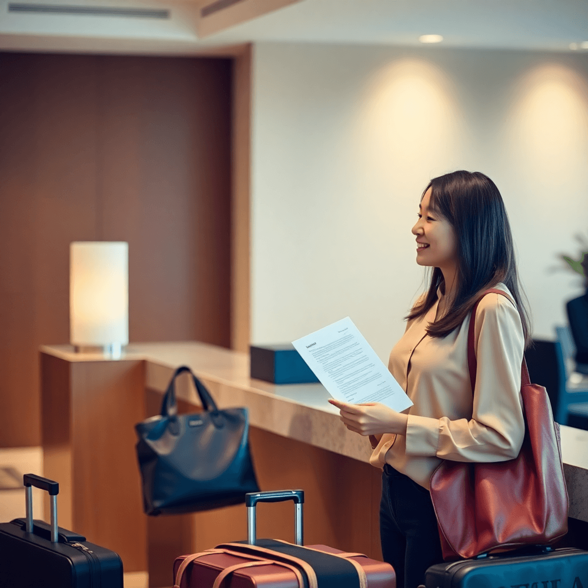 A calm hotel lobby with soft lighting, a friendly receptionist assisting a relaxed traveler holding documents, surrounded by luggage and travel items.
