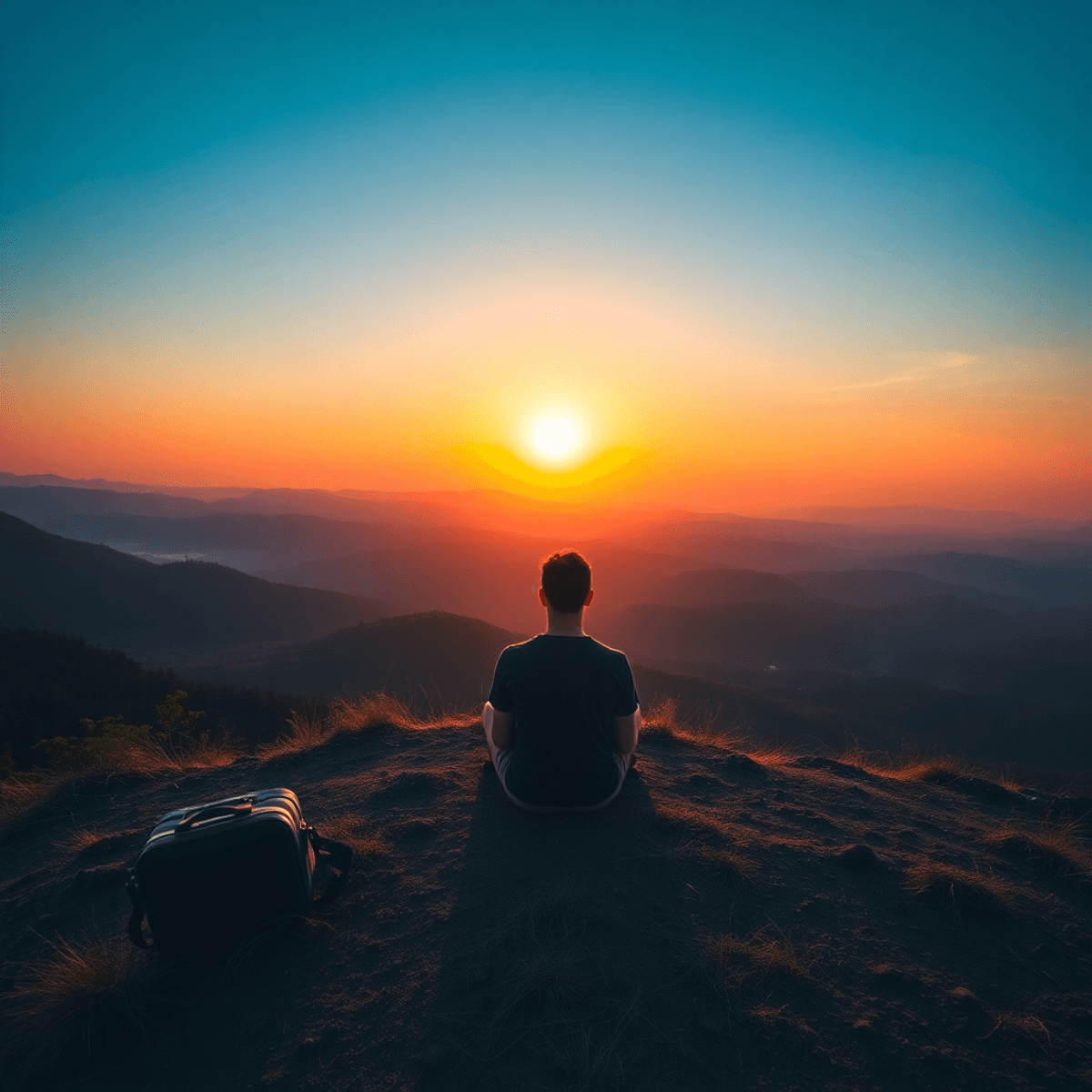 travel around the world with crazy girlfriend is not mindfulness Traveler sitting calmly on a hilltop at sunrise, overlooking a peaceful natural landscape, symbolizing mindfulness and presence.