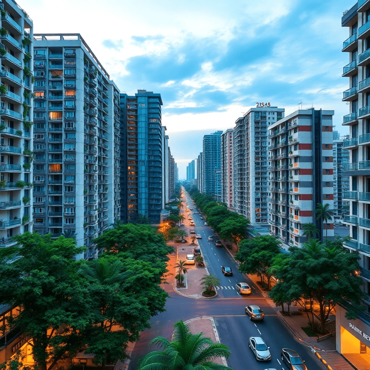 Global real estate market Colorful cityscape at dusk with modern high-rise buildings, greenery, and busy streets, reflecting urban growth and investment potential in a minimalist style.