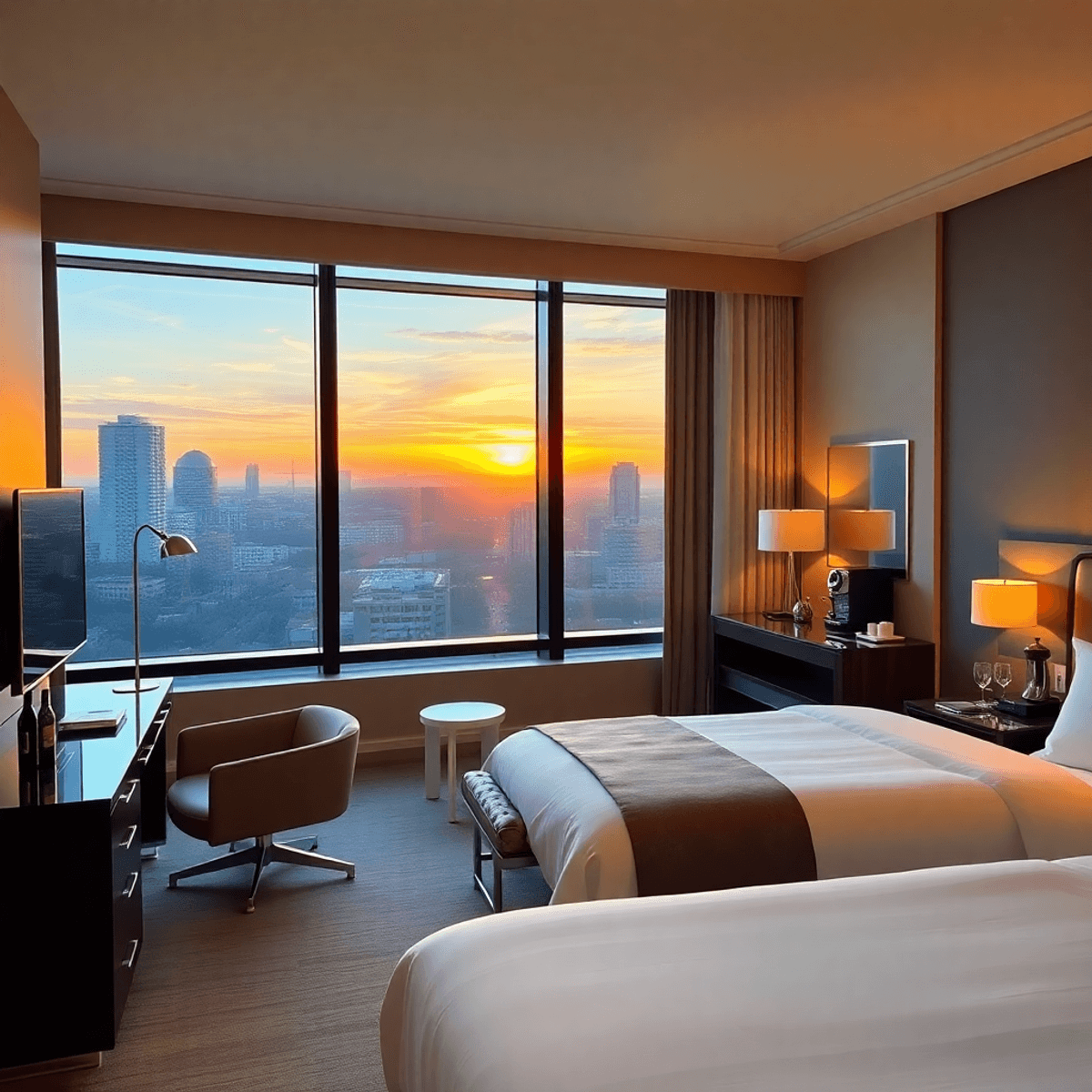 Luxurious hotel room with king bed, modern workstation, mini bar, coffee station, and large window overlooking city park at sunset in warm lighting.