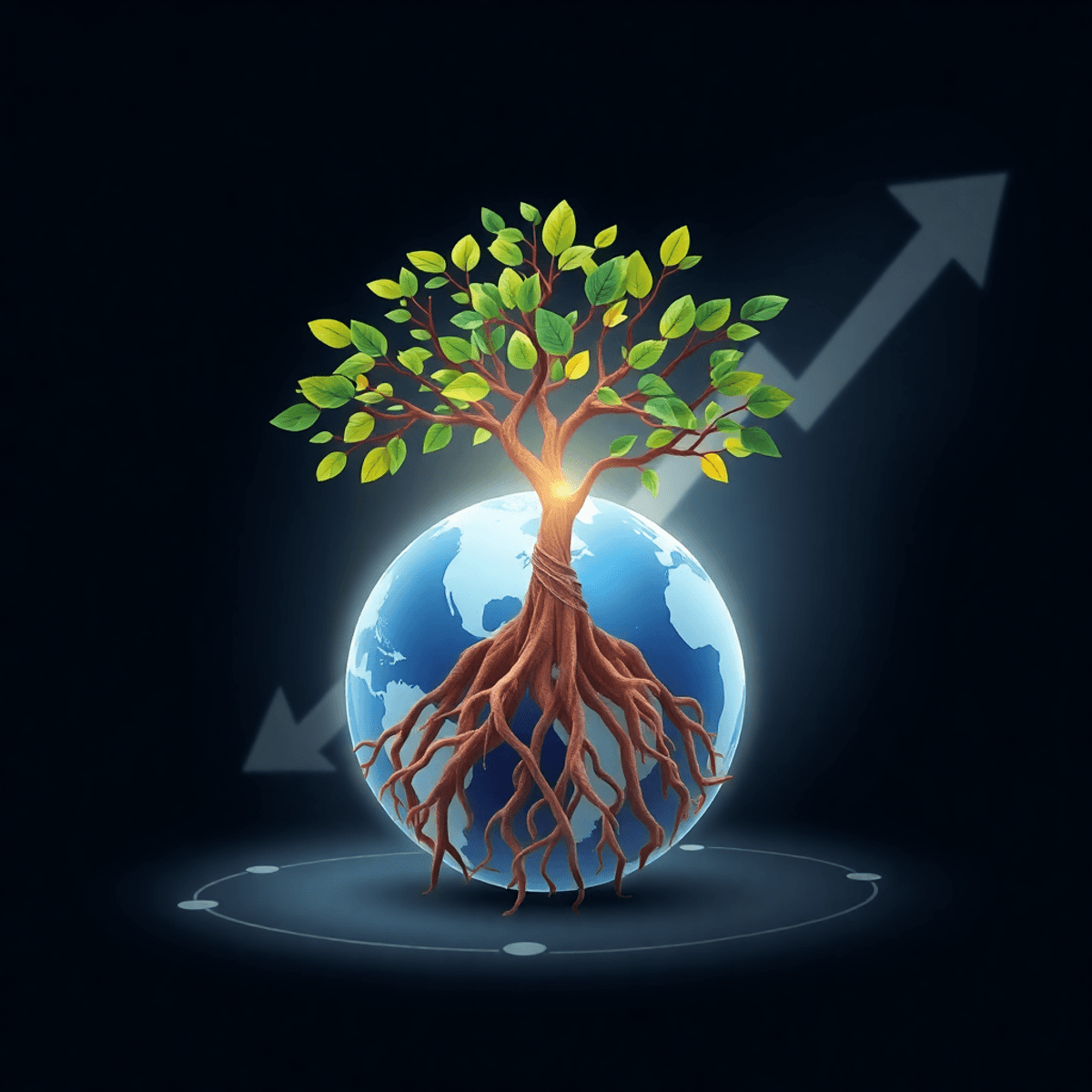 A vibrant tree with roots wrapped around a glowing digital globe, set against abstract arrows and network lines symbolizing SEO growth and online authority.