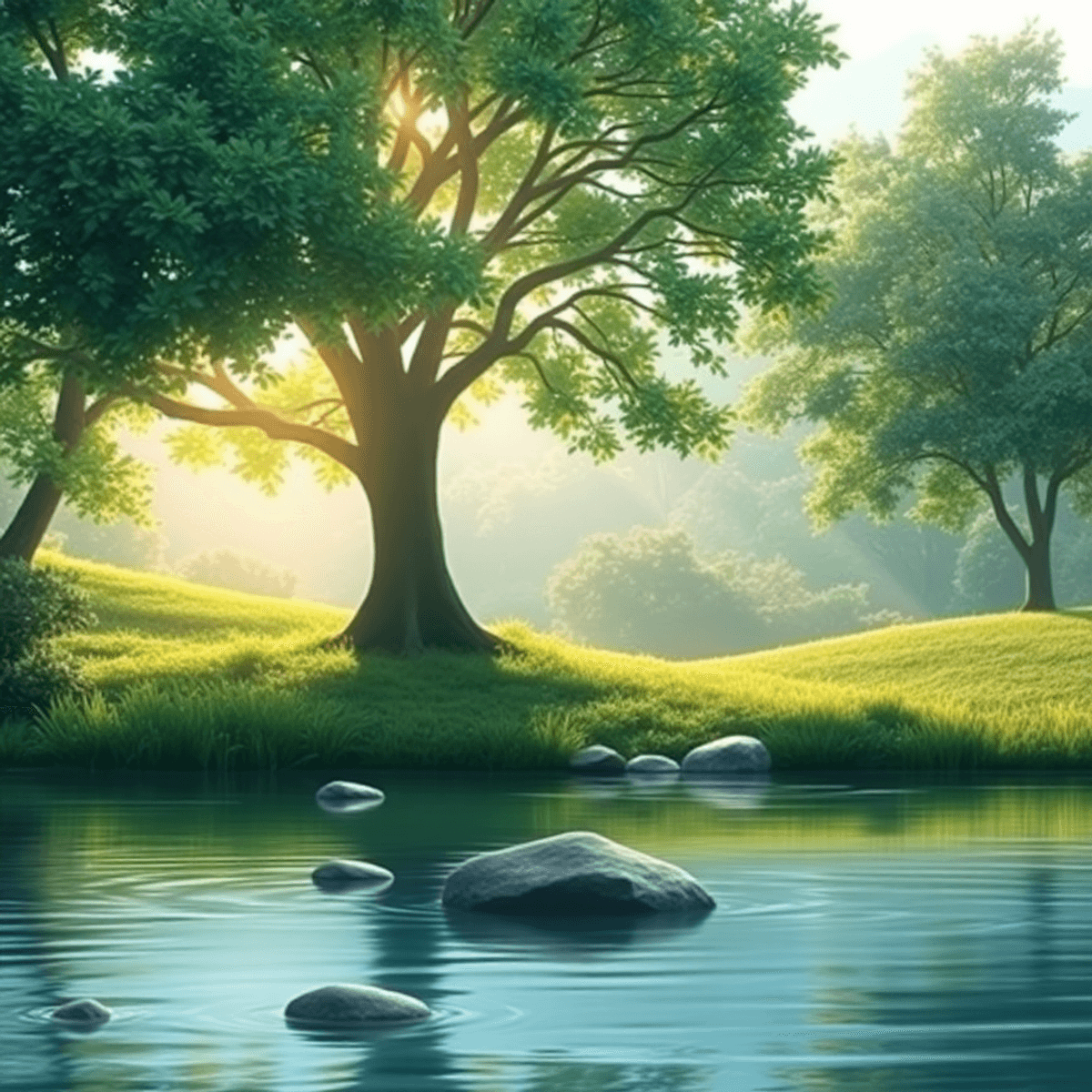 A tranquil landscape with lush greenery, soft sunlight filtering through trees, and a calm body of water with smooth stones and gentle ripples, evoking mindfulness.