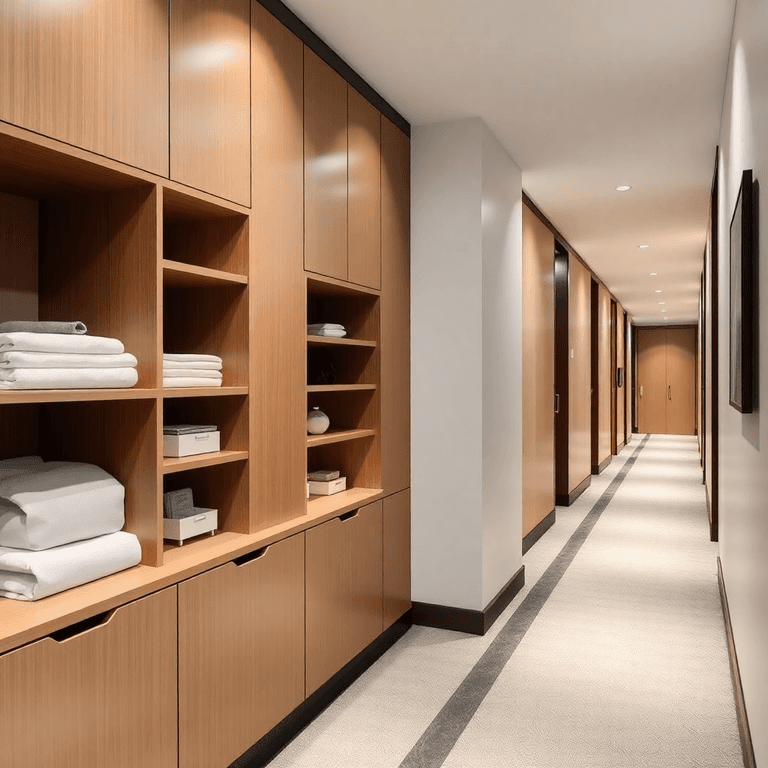 A sleek hotel corridor with built-in compact storage, soft lighting, and a clean, organized, and inviting atmosphere.