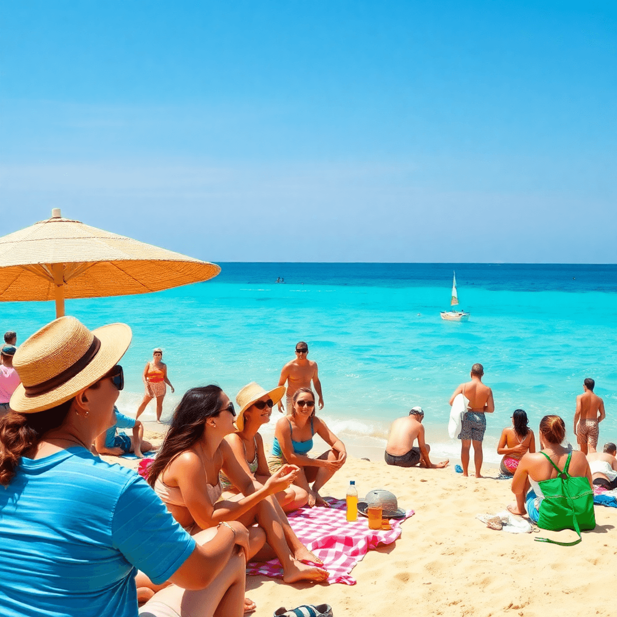 SEO HOBBY EXPERT spend money on trips. A vibrant beach with clear skies, golden sand, turquoise water, and people enjoying picnicking and swimming.