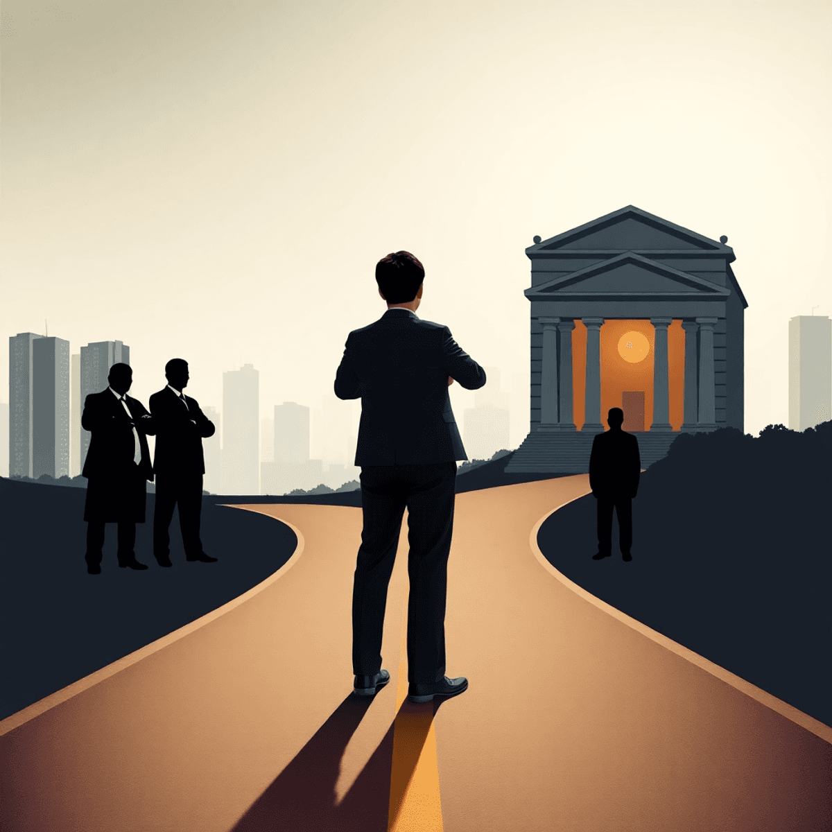 scams in Bangkok in jurdiscion office A determined person stands at a crossroads with one path leading to shadowy figures of corruption, the other to a bright courthouse, set against a city skyline backdrop.