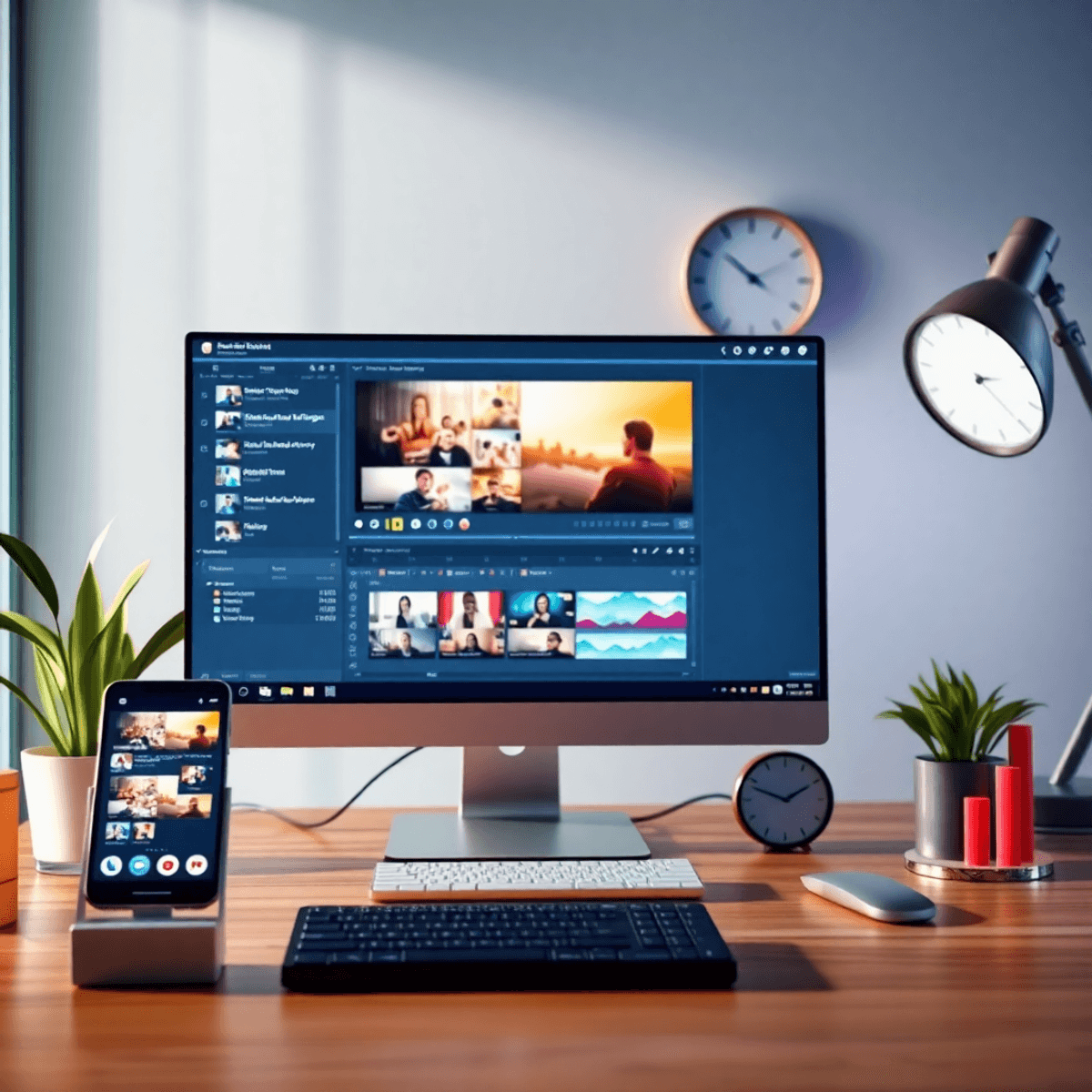 60 hours saved each month on short video creation $3,019 average savings per month 8X increase in short video production 5X faster turnaround time A modern workspace with a computer showing video editing software, a smartphone with social media icons, a clock, and growth charts, all in a bright and creative atmosphere.