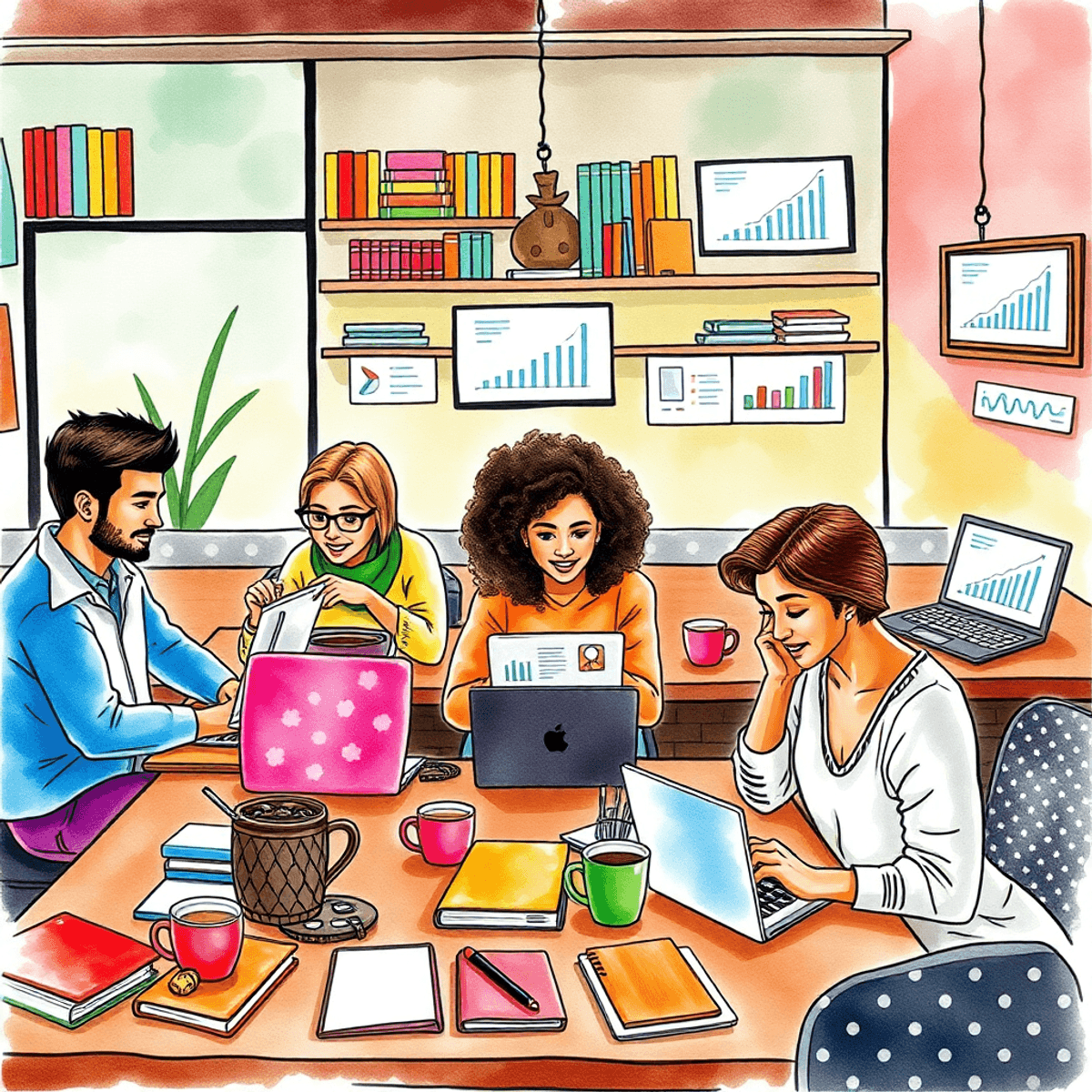 A colorful watercolor illustration of bloggers in a cozy café, working on laptops with notebooks and coffee cups, symbolizing creativity and collaboration in content creation.