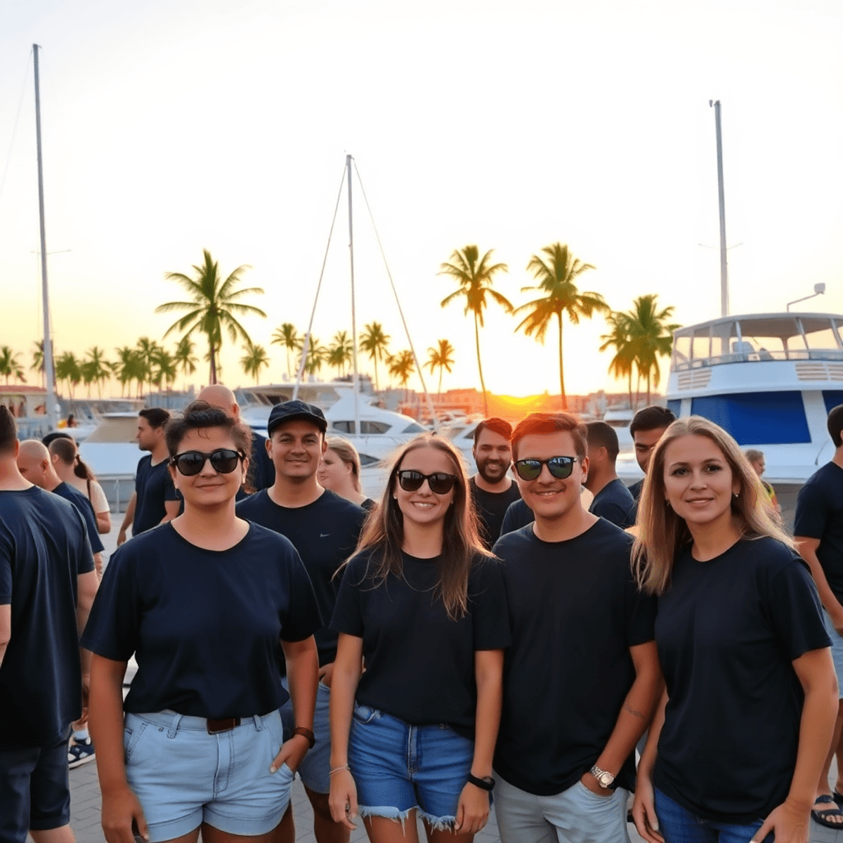 People in black t-shirts relaxing by boats and palm trees at a harbor during a colorful sunset, capturing a calm and stylish travel atmosphere.