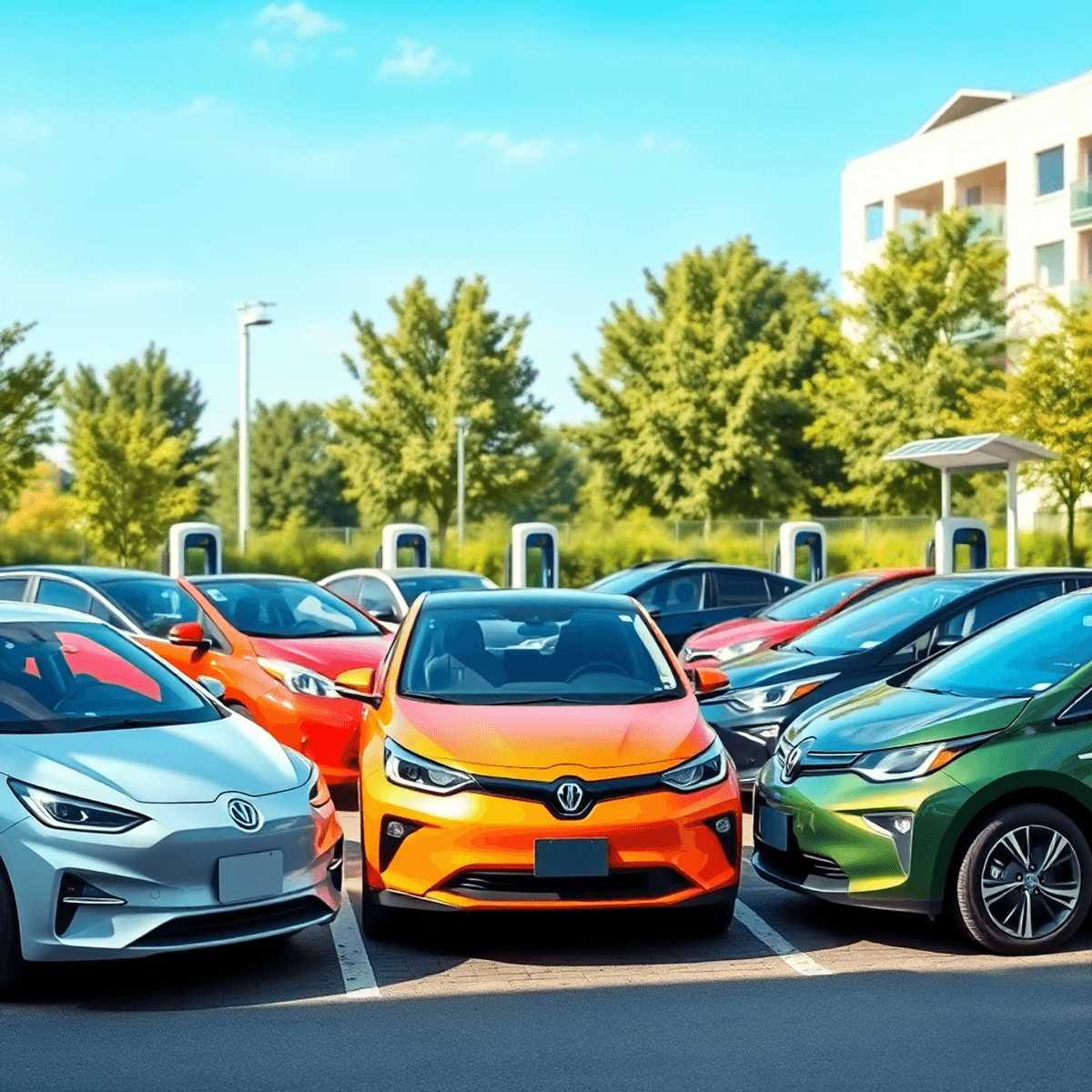 A lineup of sleek electric vehicles parked in a modern urban setting, with a clear blue sky and greenery, highlighting their eco-friendly designs and charging stations.