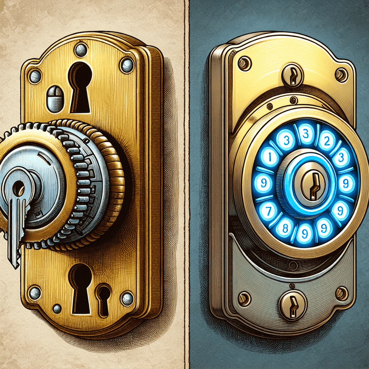 A digital art representation of a modern digital door lock, symbolizing the shift from traditional locks, futuristic style.
