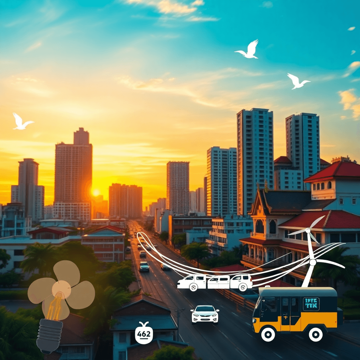 Bangkok Expat Life: What It’s Really Like in 2026 Sunset cityscape of Bangkok blending modern high-rises and traditional architecture, with glowing light bulb, cooling fan, tuk-tuks, and skytrain tracks symbolizing urban life.