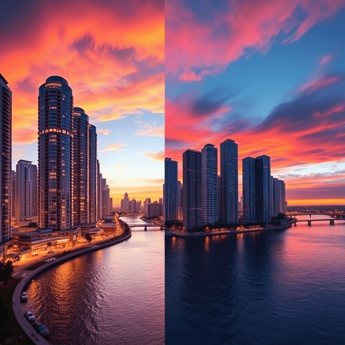 City skyline at sunset with illuminated modern condos beside a calm river reflecting the colorful sky, blending urban life and natural beauty.