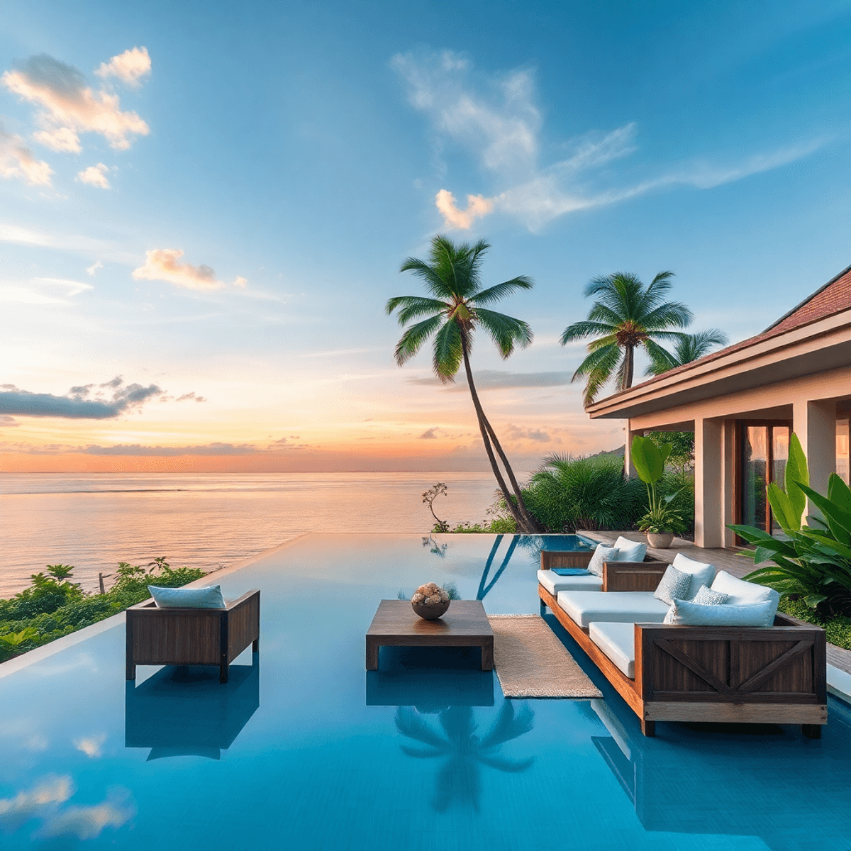 Luxury tropical villa with infinity pool overlooking calm ocean at sunset, surrounded by lush greenery and modern outdoor furniture.