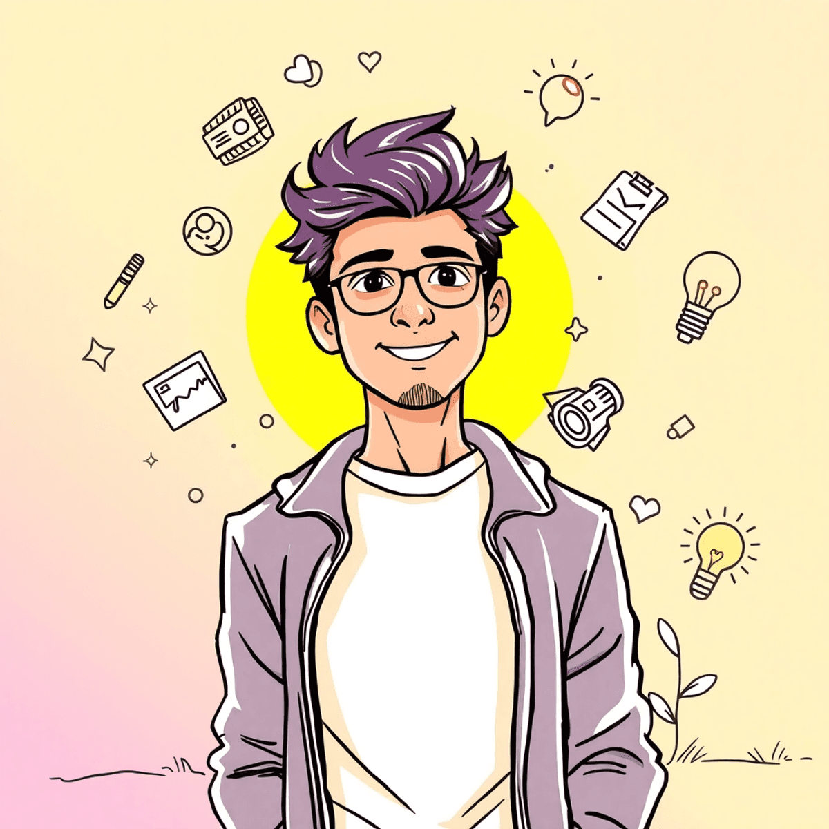 Confident influencer outdoors with glowing aura and icons of skills and passions in a bright, optimistic gradient background, all in one line drawing style.