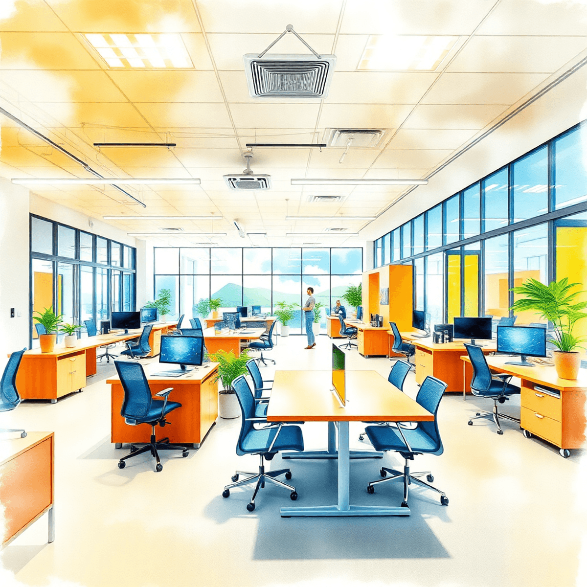 A vibrant modern office interior with flexible workspaces, movable furniture, ergonomic desks, and technology setups, promoting collaboration and employee well-being in a watercolor style.