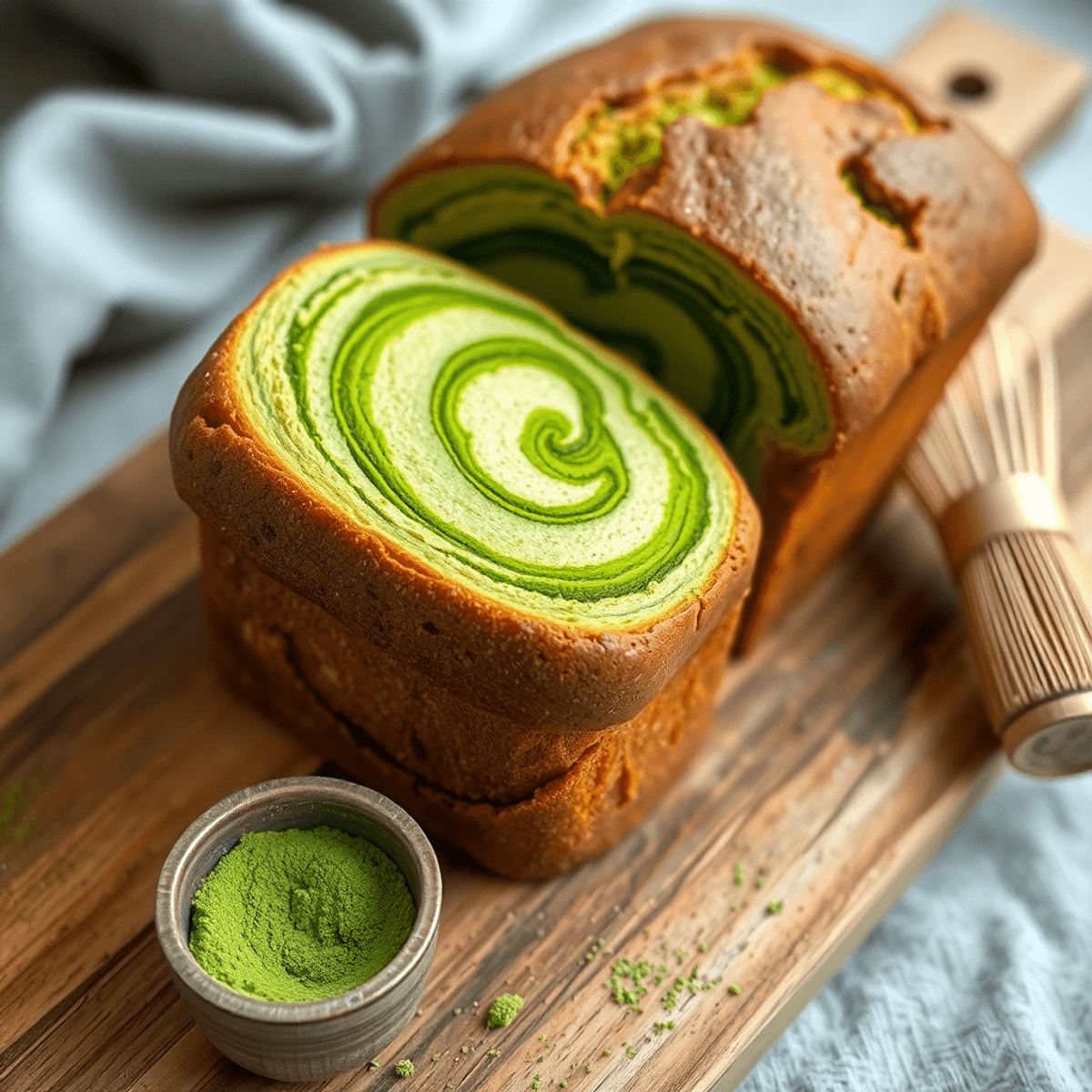 double matcha bread in your shop Close-up of a freshly baked double matcha bread with green swirls on a wooden board, accompanied by matcha powder and a bamboo whisk.