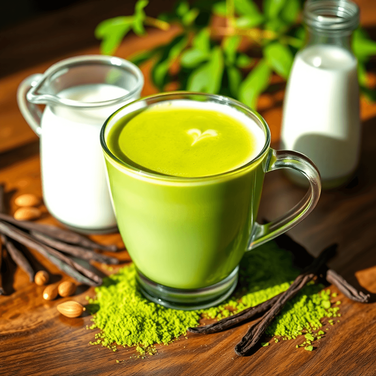 perfect match - vanilla with matcha A creamy vanilla matcha latte with frothy top, surrounded by matcha powder, vanilla beans, and almond milk jug on a wooden table in warm light.