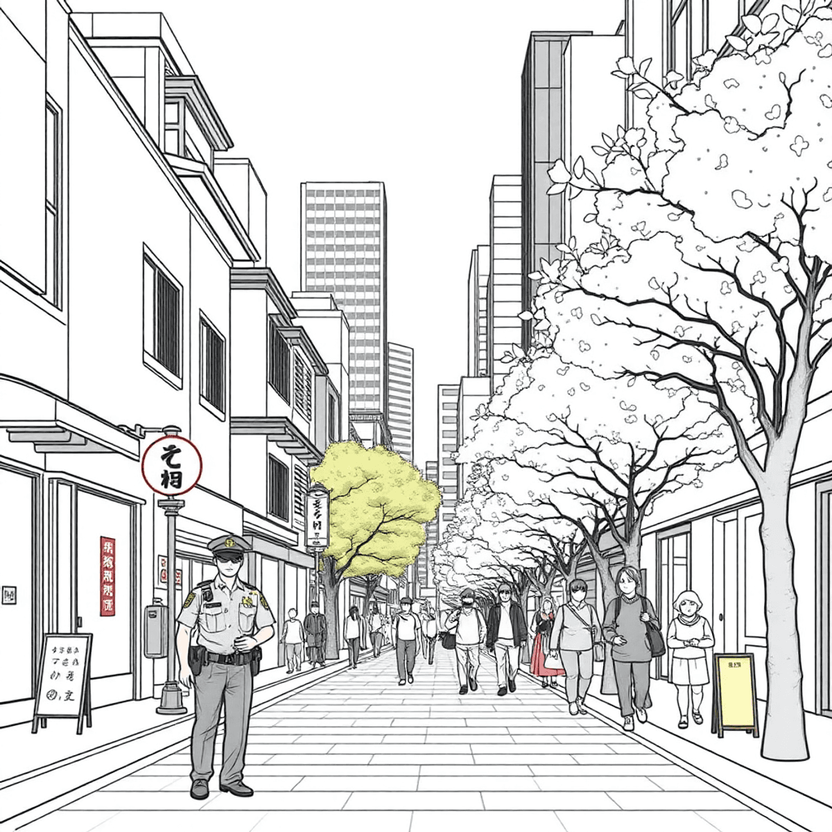 A one-line drawing of a bustling urban street in Japan, featuring cherry blossoms, a police officer assisting tourists, and a blend of traditional and modern architecture.