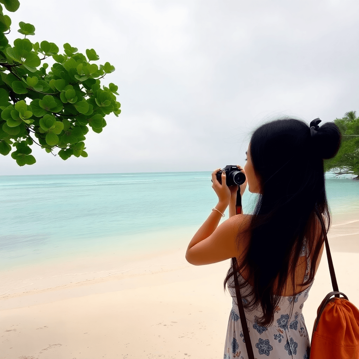 Zanzibar Beach During Rainy Season A serene Zanzibar beach with lush greenery, white sands, turquoise waters, and a girl taking photos under an overcast sky.