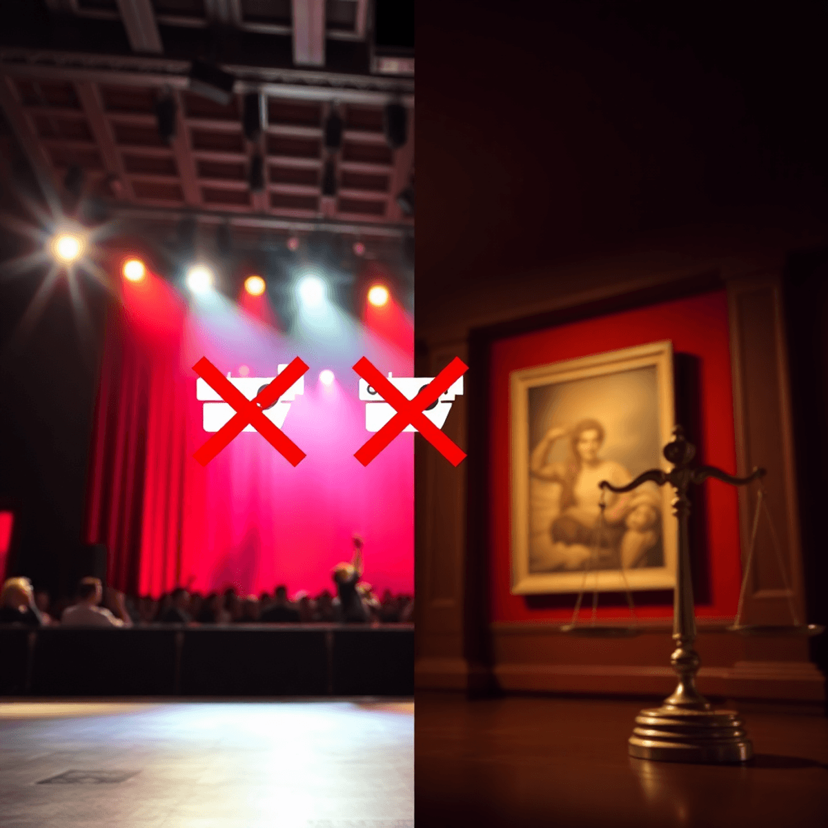 A vibrant concert stage with bright spotlights, a softly lit museum gallery with framed art, and a balanced scale symbolizing justice, all blended with crossed-out camera icons.