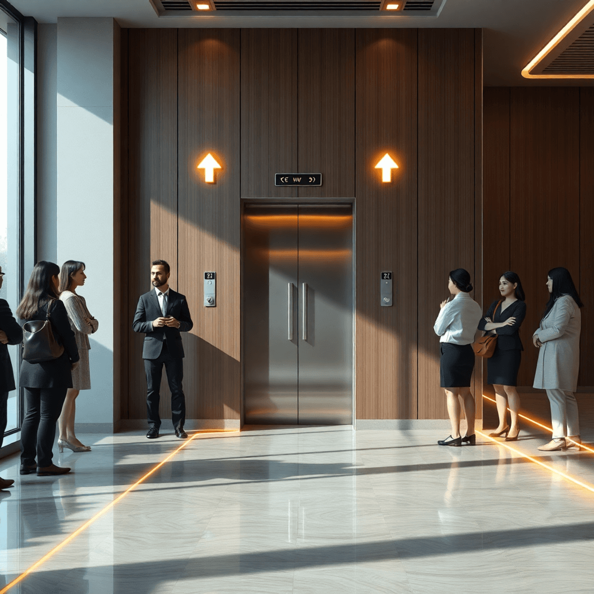 Modern elevator lobby with sleek panel, illuminated arrows, diverse people waiting, soft natural light, abstract glowing lines, and polished reflective floors.
