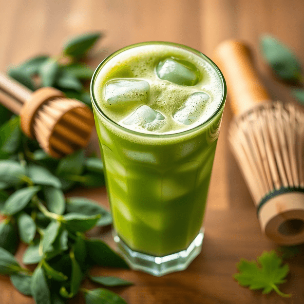 green matcha gold Close-up of a frothy iced matcha drink in a glass with ice, surrounded by green tea leaves and a bamboo whisk on a wooden surface.