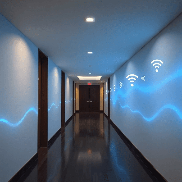Modern hotel corridor with glowing blue lines and wireless sensor icons indicating invisible water leaks in a clean, well-lit setting.