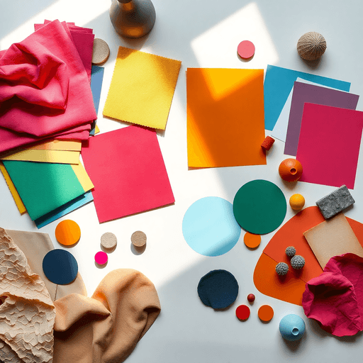 Flat lay of colorful fabric swatches, paint samples, and textured materials arranged on a clean surface with soft natural light.