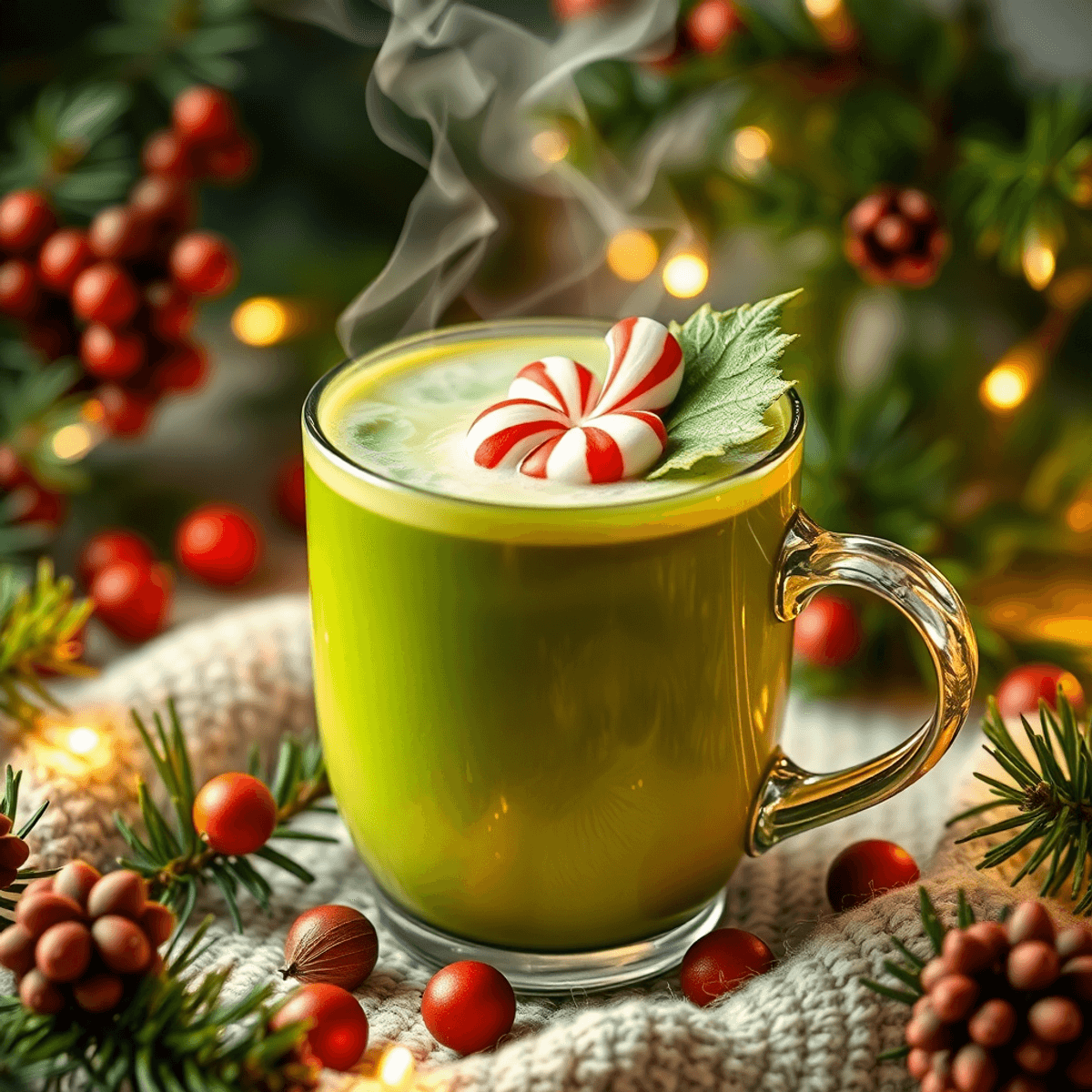 Steaming cup of green matcha mocha with peppermint leaves, surrounded by pine branches, cocoa pods, and soft glowing holiday lights.