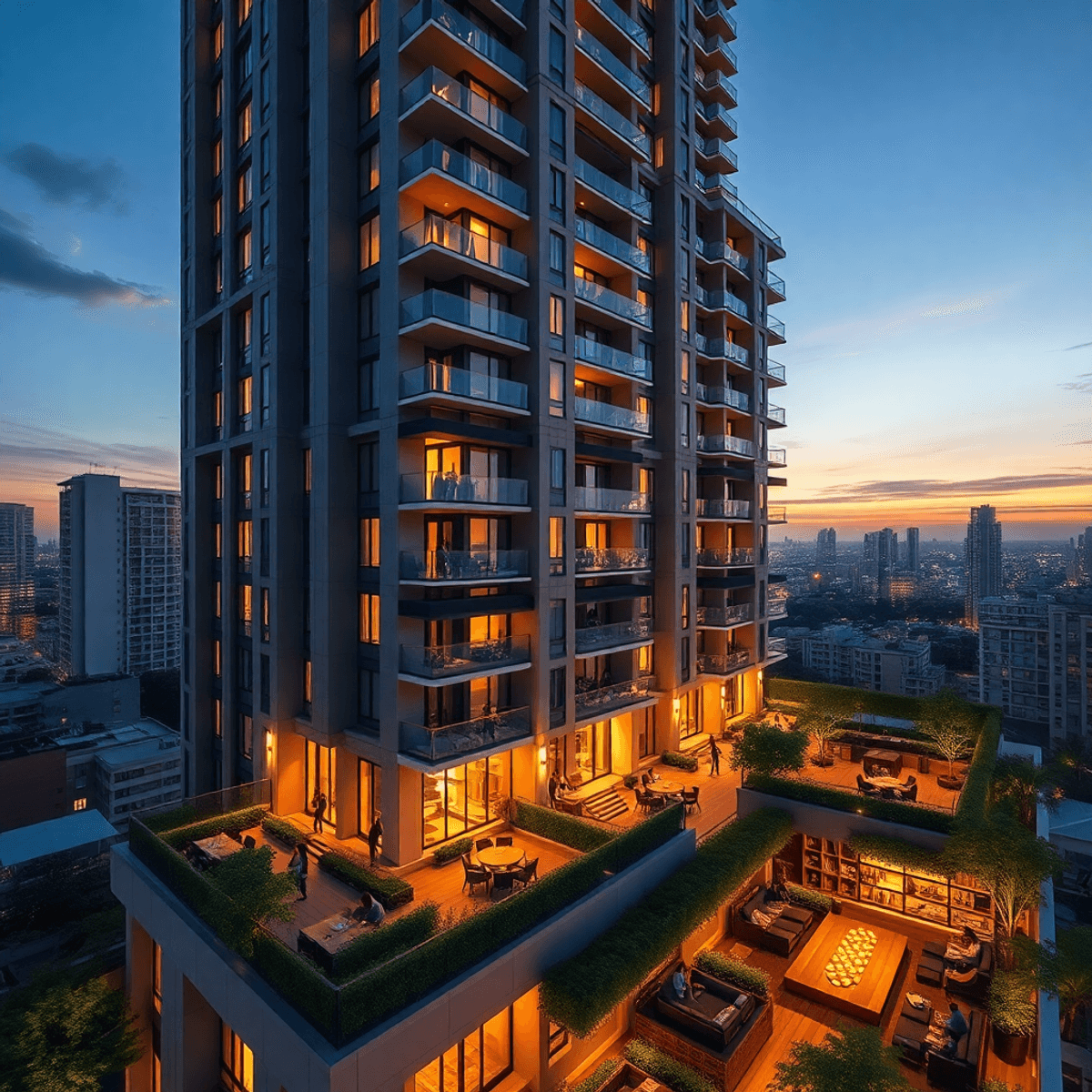 modern condominium lufestyle Modern high-rise condo at sunset with glowing windows, rooftop terraces, green gardens, and stylish outdoor lounges in a vibrant urban setting.