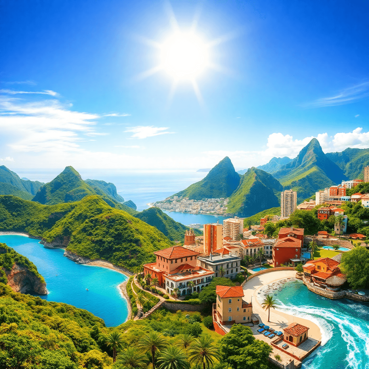 Collage of lush mountains, colorful cityscapes, and serene beaches under a bright sky, representing affordable and quality living in welcoming environments.