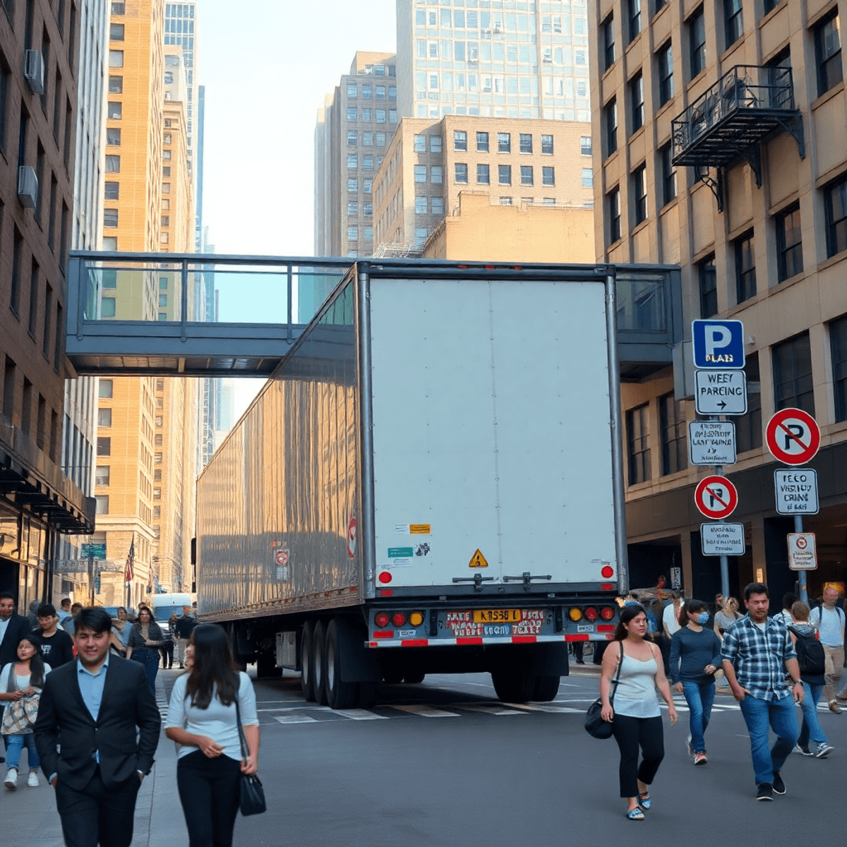 A busy urban street with a large fridge semi truck parked beneath a pedestrian skywalk, surrounded by pedestrians and city buildings, highlighting safety and accessibility concerns.