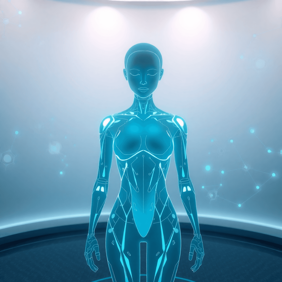 Glowing holographic female AI figure amidst abstract neural networks and data streams in a sleek, minimalist virtual environment symbolizing connection.