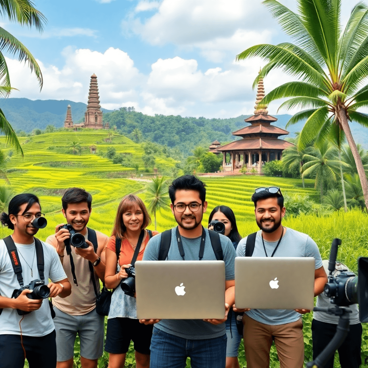 Digital nomads with cameras and laptops amid lush Balinese rice terraces and temples, showcasing creative work and travel in a vibrant tropical setting.