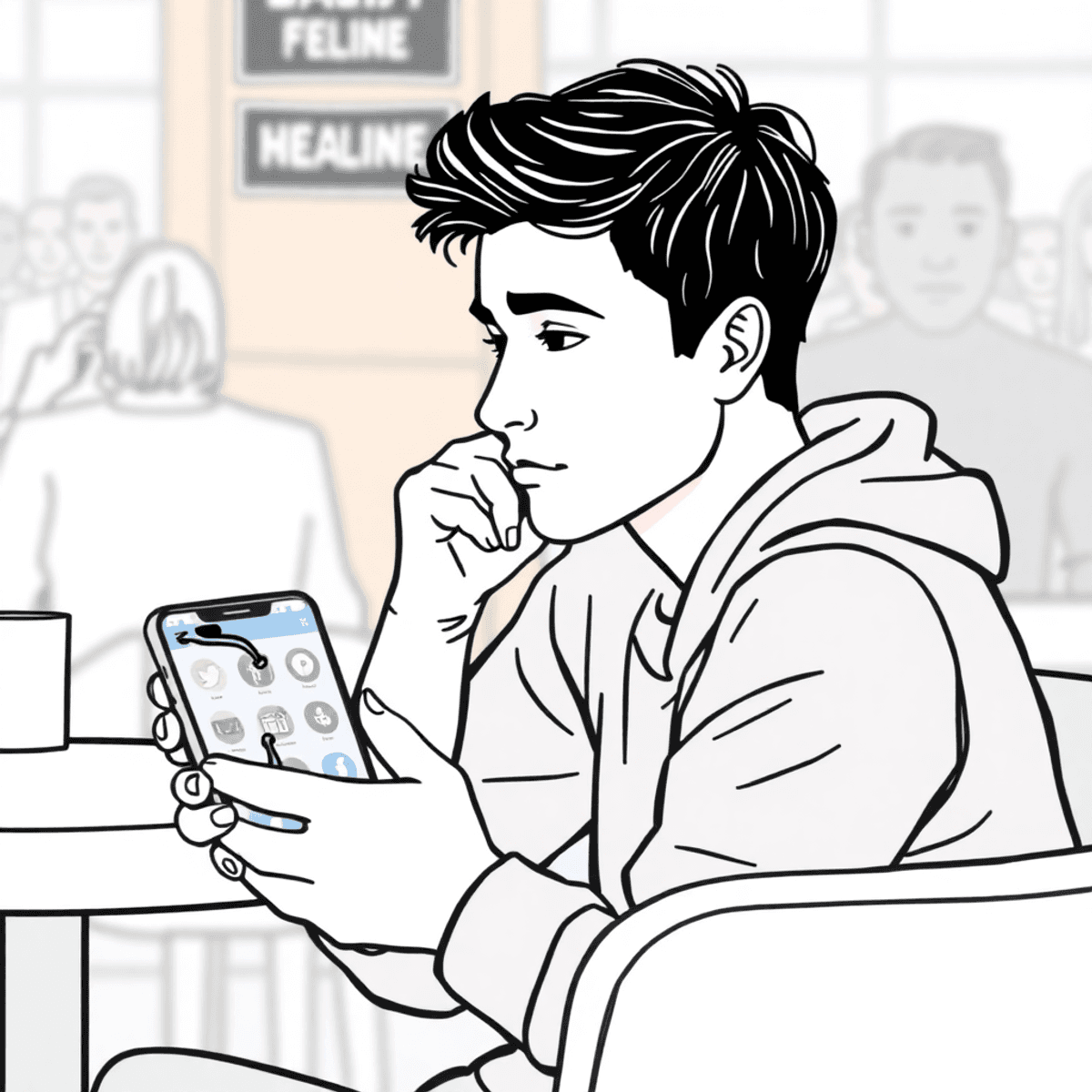 you funk SE000 A person sits alone in a café, contemplatively holding a smartphone displaying social media icons, surrounded by a softly blurred busy background.