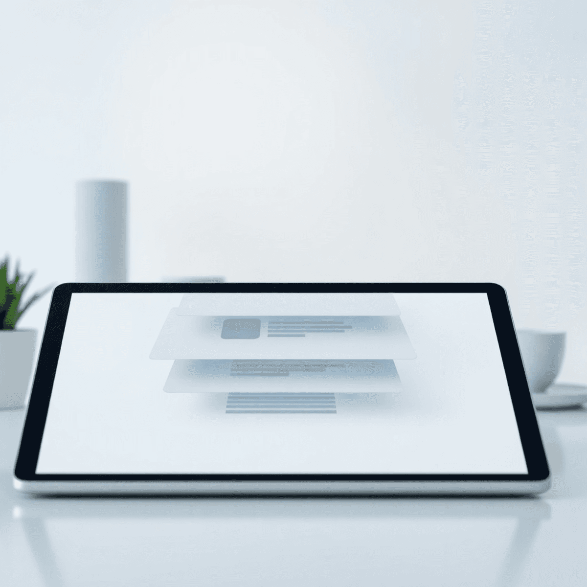 Modern workspace with a digital tablet showing layered content blocks and glowing search and visibility icons in soft blue and white tones.