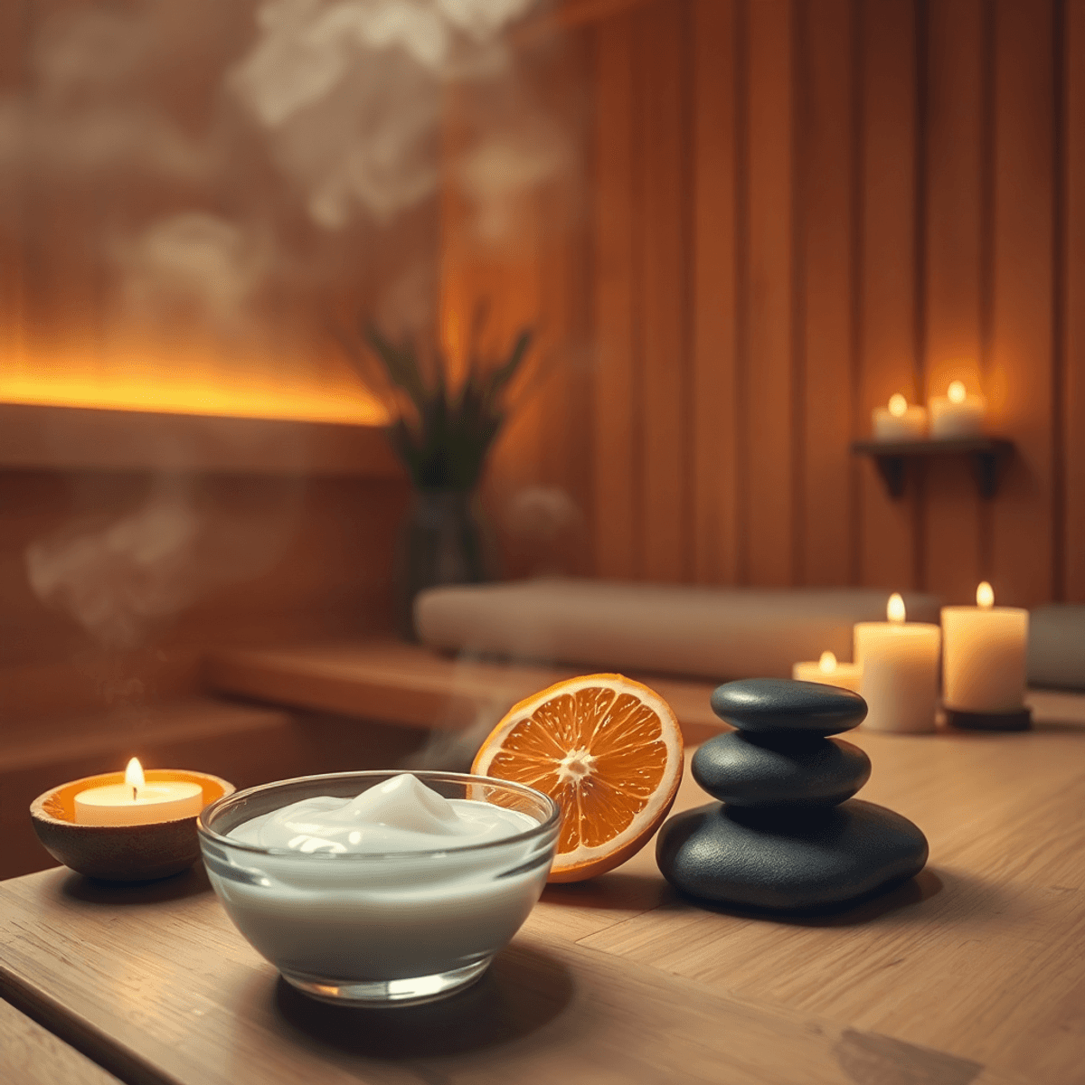 Cozy sauna with glowing wooden walls, steam rising, collagen gel in a glass bowl, citrus fruits, candles, and stones creating a peaceful spa atmosphere.
