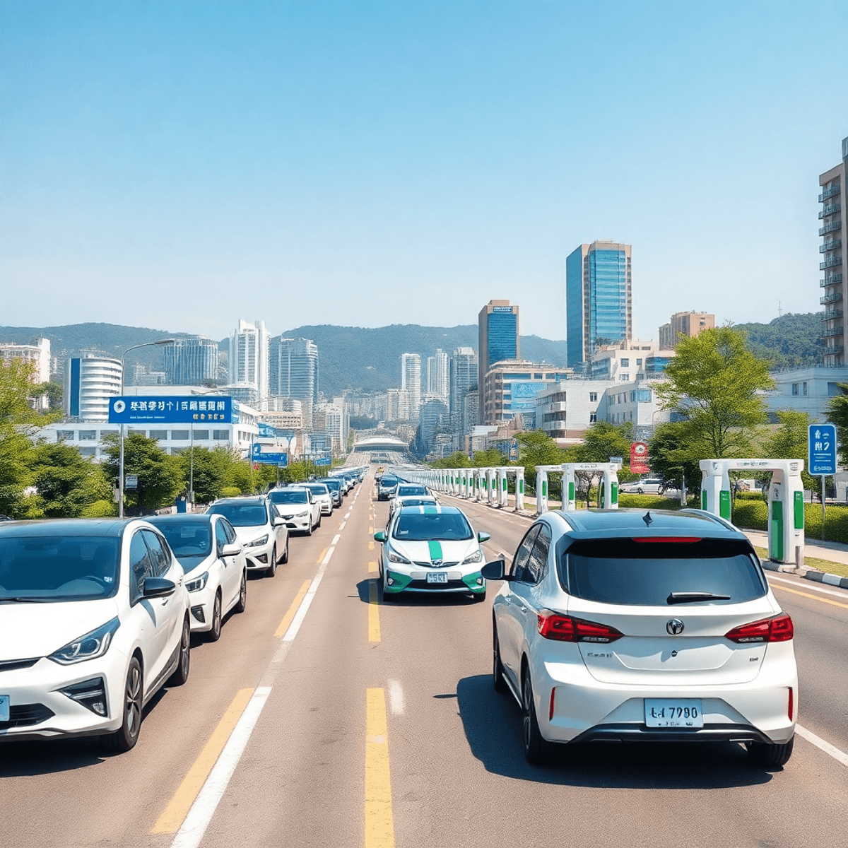 A bustling cityscape of Busan featuring electric vehicles on the road, charging stations, a clear blue sky, and greenery highlighting sustainability and innovation.