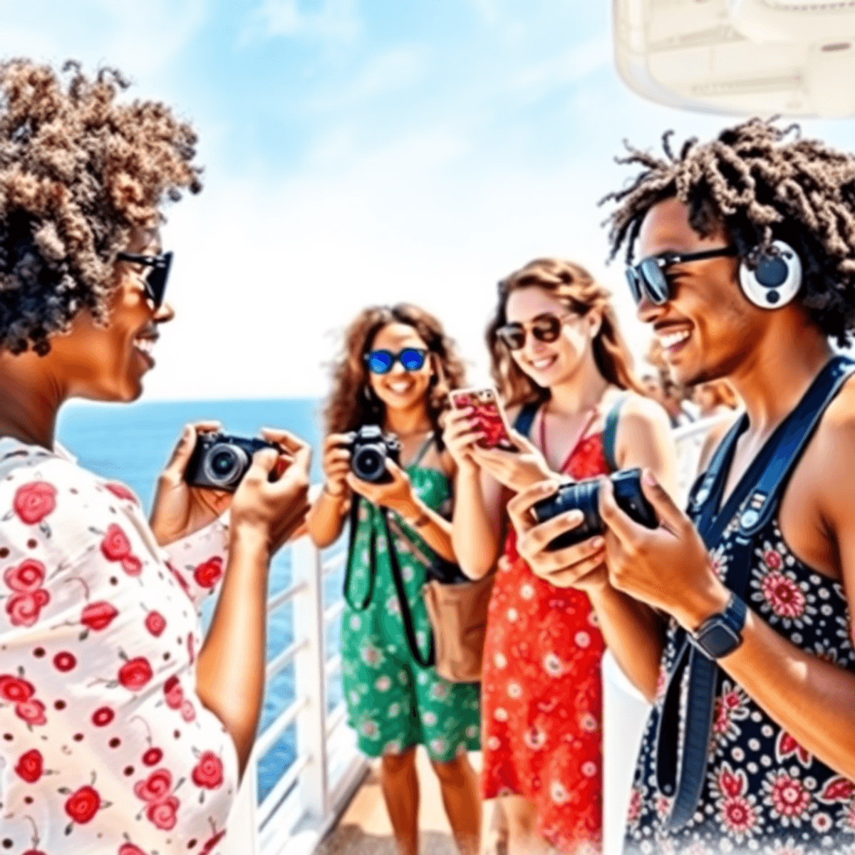 Life is a beach so choose the wavve A vibrant watercolor scene of influencers filming and photographing on a cruise ship deck with ocean and blue sky backdrop, showcasing creativity and connection.