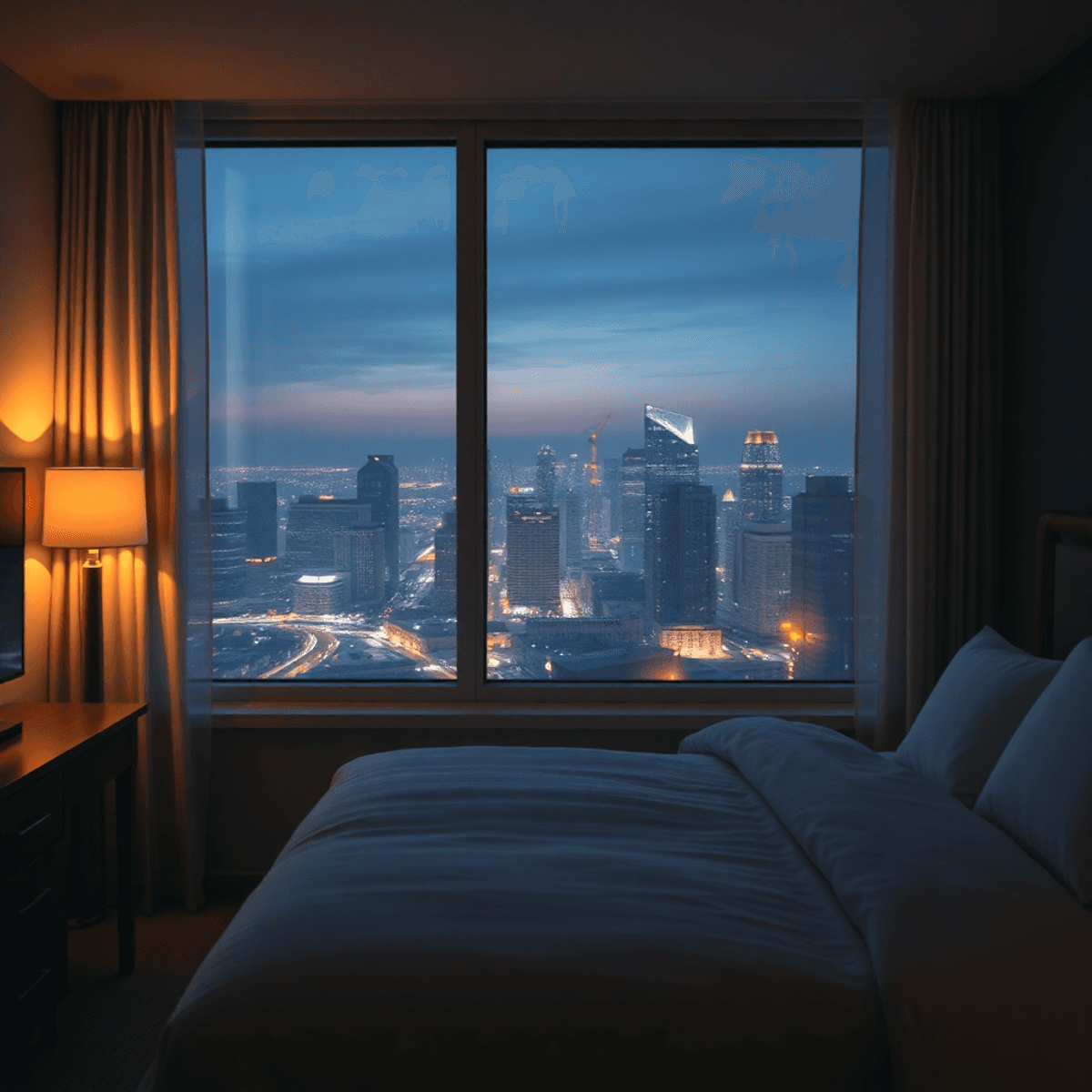 Cozy hotel room at night with city lights outside, softly lit interior, and abstract shapes in the background symbolizing distant fading noise.