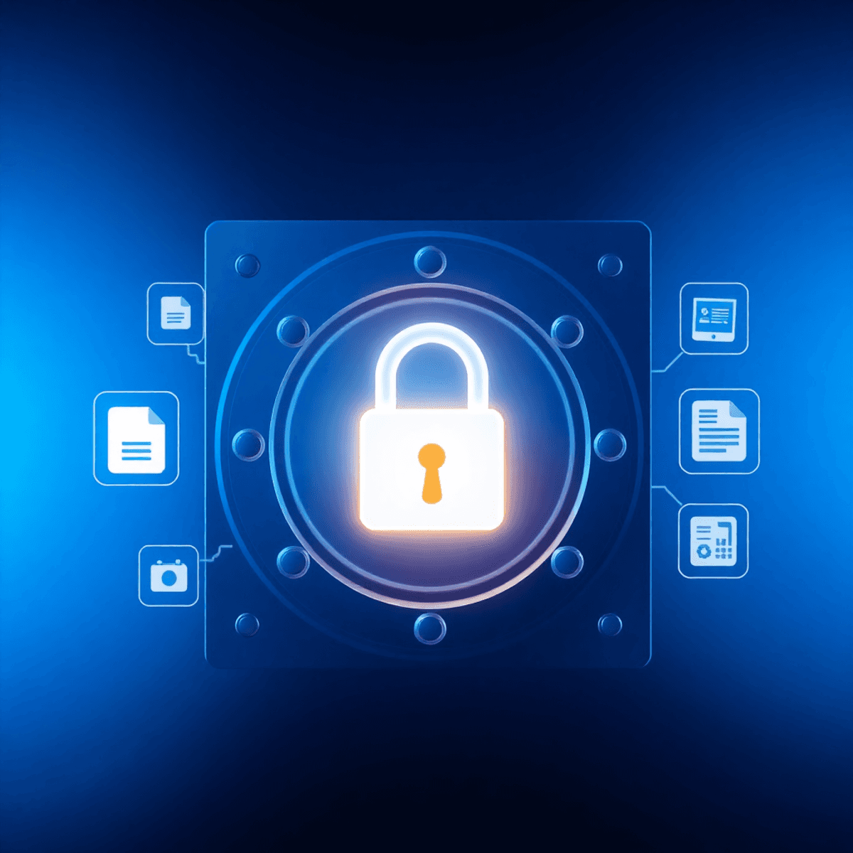 A digital vault with a glowing lock symbol, surrounded by icons of documents, photos, and bank statements, set against a serene blue gradient background.