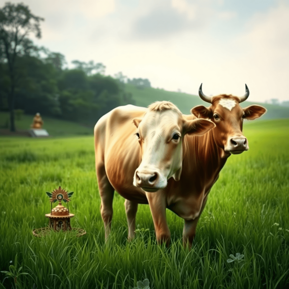The Meaning of Cows in Different Cultures A gentle cow stands in a lush green pasture, surrounded by subtle cultural elements like a small altar and Indigenous patterns, creating a peaceful and reflective atmosphere.