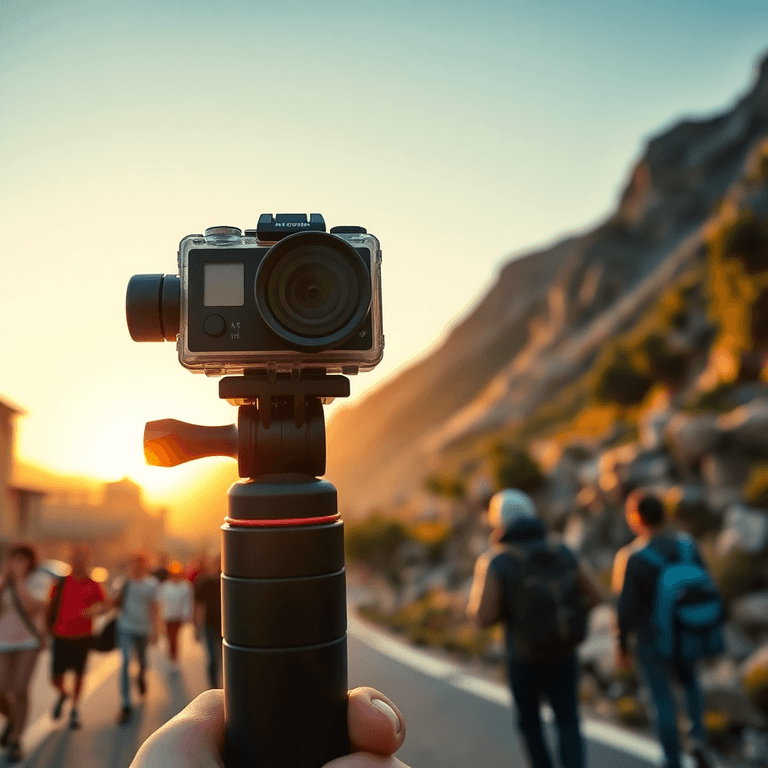where is the best place to test Luna Ultra and GoPro Hero 13 Compact camera on handheld gimbal capturing smooth travel footage against a vibrant city street or mountain trail at golden hour.