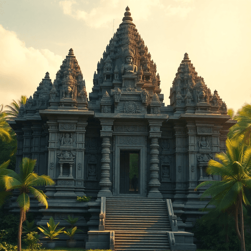 Ancient temple with intricate stone carvings, surrounded by lush greenery and bathed in warm golden sunlight, evoking spiritual heritage.