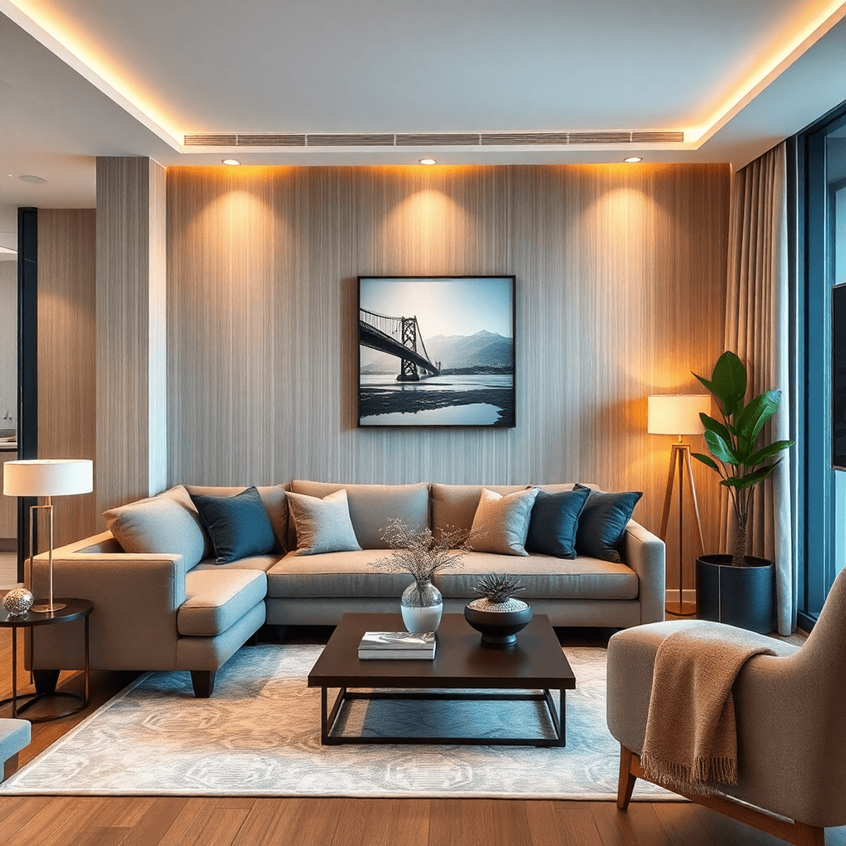 Modern condo living room with sleek sofa, decorative cushions, minimalist coffee table, subtle greenery, warm lighting, and cozy textures creating inviting comfort.