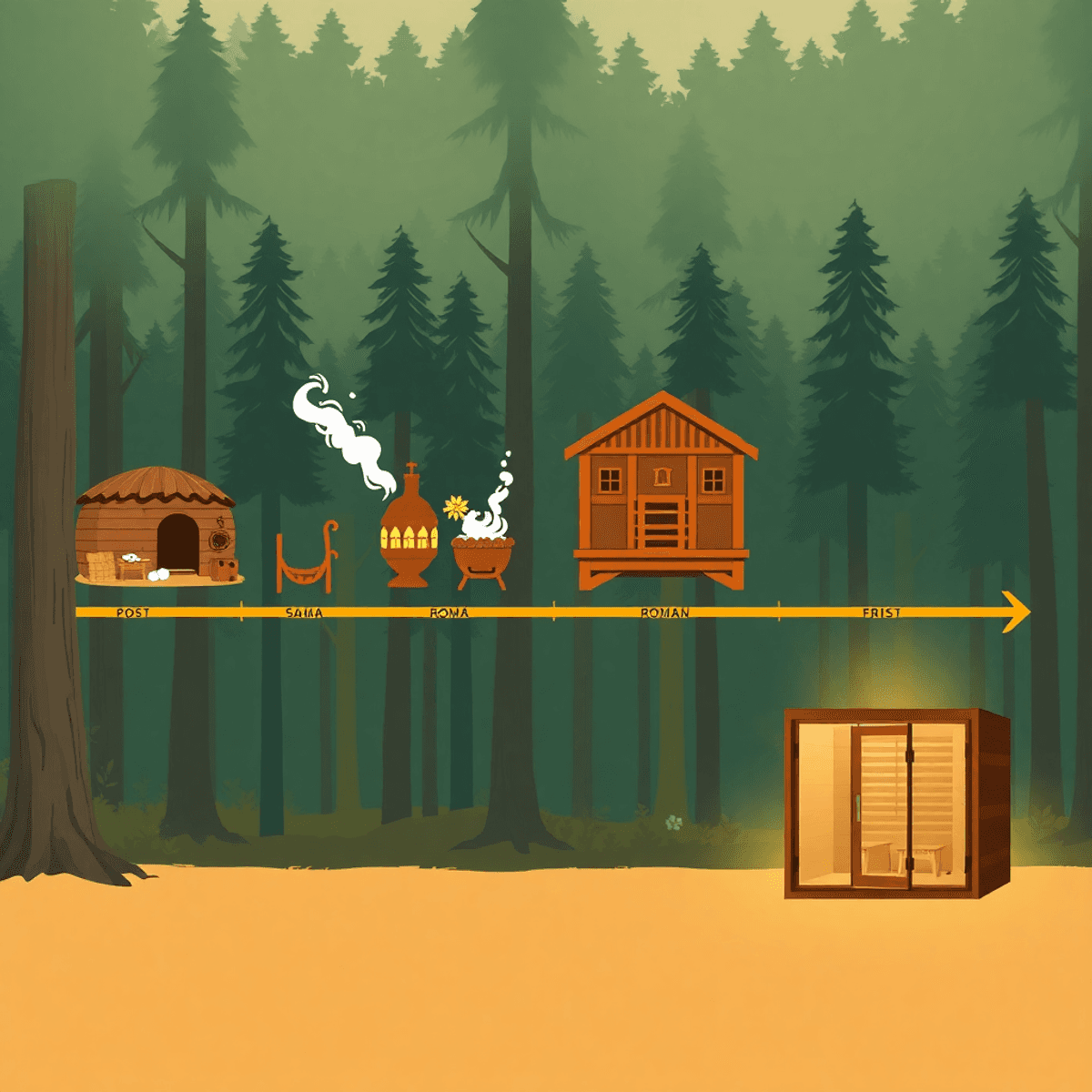 sauna product life cycle Artistic timeline of sauna evolution: prehistoric dugout, Finnish smoke sauna, Roman bathhouse, modern infrared sauna, set in a forest with warm colors.