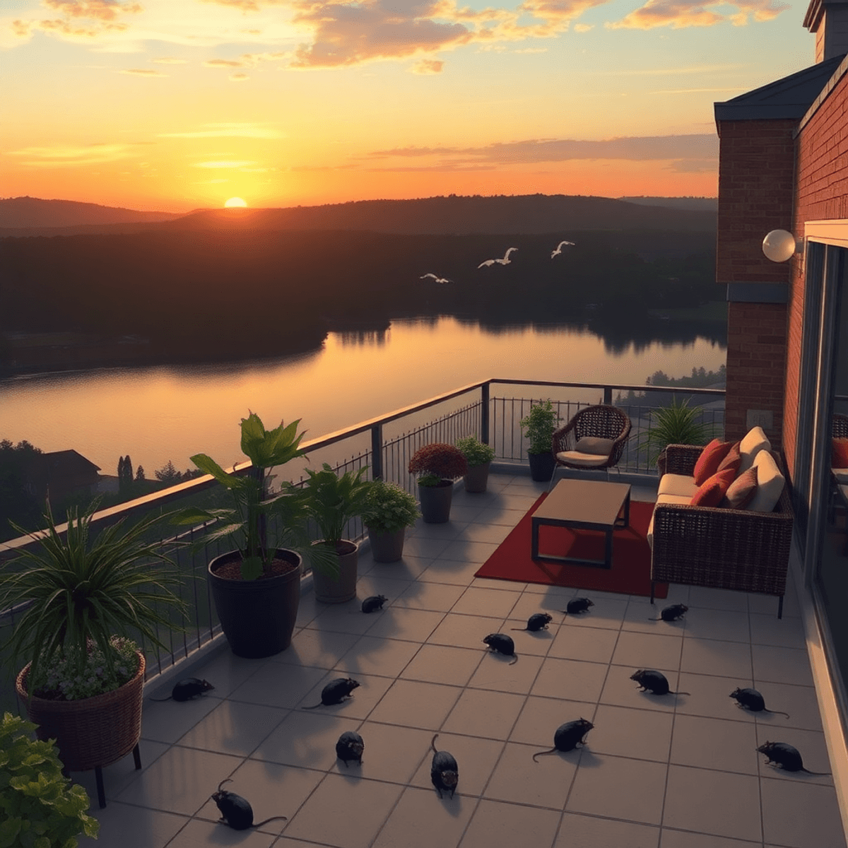 trip.com recommendation make me sick Rooftop terrace at sunset with lush plants and cozy seating, overlooking a calm lake, featuring subtle shadows of small rodents nearby.